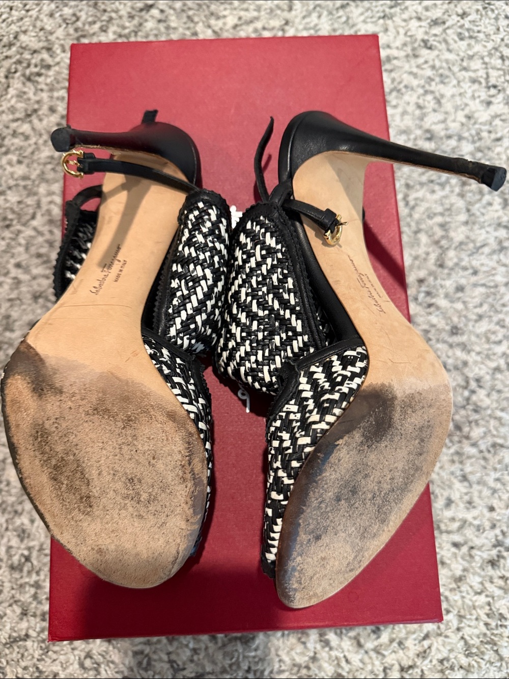 Salvatore Ferragamo Black and White Woven Ankle-Strap Stilettos - Picture 3 of 5
